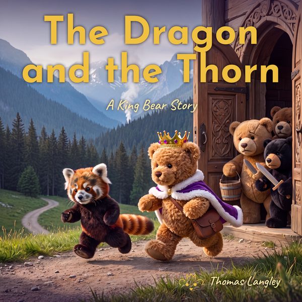 Cover of The Dragon and the Thorn: King Bear in his crown and cape sets off with Berry, a red panda