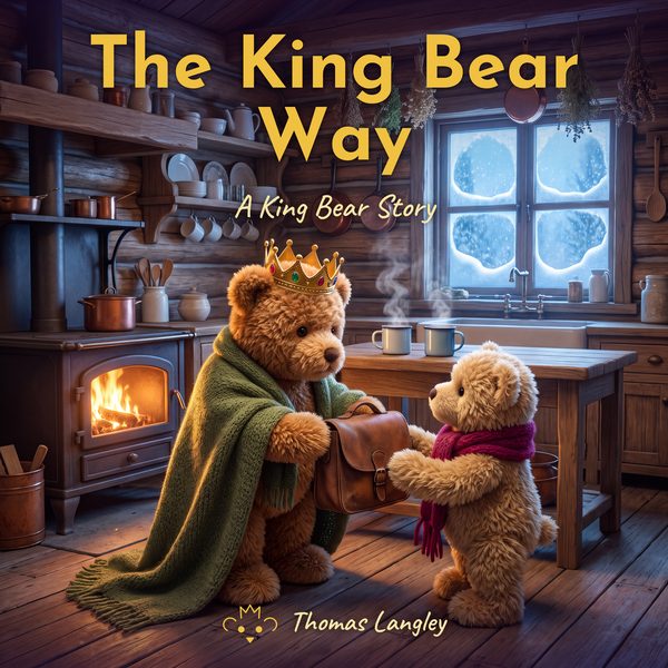 Cover of The King Bear Way: King Bear, wrapped in a blanket by the stove, hands his satchel to Pippin